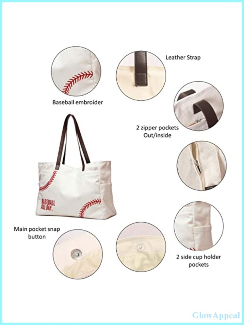 Canvas Baseball Mom Tote Bag with Pockets, Durable Utility Handbag, 17.5in - Picture 4 of 6